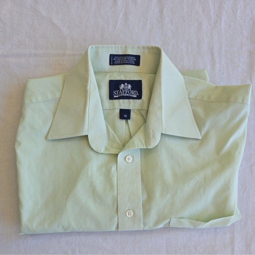 Mens Short Sleeve Dress Shirt Light Green Size 16 Button Down - Stafford